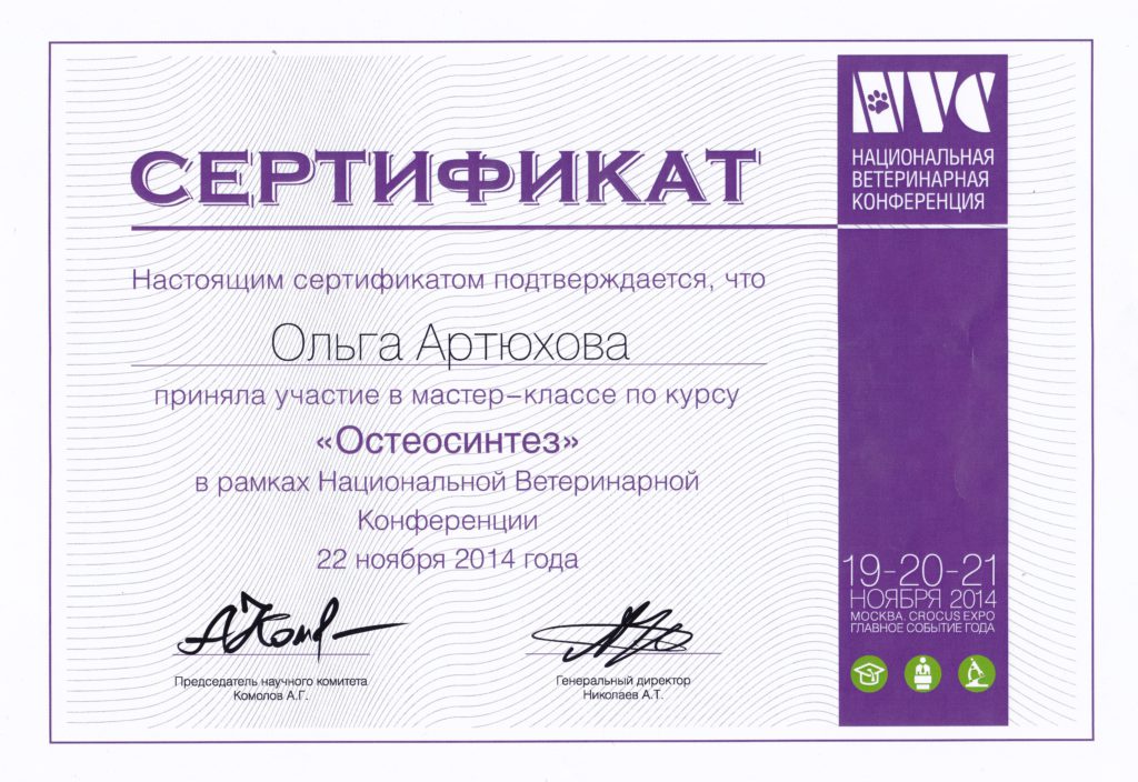 Сертификат Артюховой Ольги Игоревны